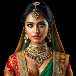 An Indian princess with beautiful, large brown eyes, adorned in an extravagant amount of elaborate jewelry that sparkles and shines against a stark black background