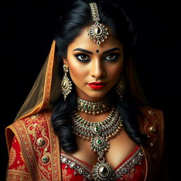 An Indian princess with beautiful, large brown eyes, adorned in an extravagant amount of elaborate jewelry that sparkles and shines against a stark black background