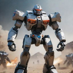 A fully-armed mecha, bristling with advanced weaponry such as missile launchers, plasma cannons, and energy shields, standing ready for battle in an epic sci-fi battlefield.