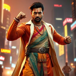 An Indian man stands tall in a dynamic, powerful superhero stance, exuding an air of wisdom and strength