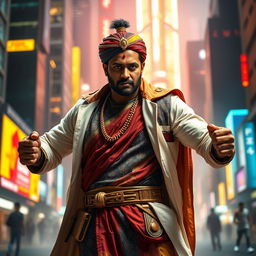 An Indian man stands tall in a dynamic, powerful superhero stance, exuding an air of wisdom and strength