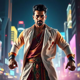 An Indian man stands tall in a dynamic, powerful superhero stance, exuding an air of wisdom and strength