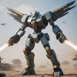 A heavily-armed mecha possessing a full arsenal including missiles, laser cannons, and energy blades, equipped with vast, aerodynamic wings, preparing for flight in a dystopian battlefield.