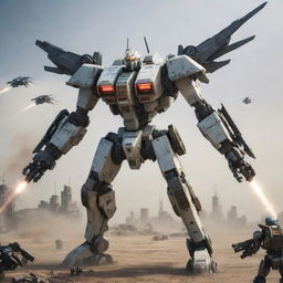 A heavily-armed mecha possessing a full arsenal including missiles, laser cannons, and energy blades, equipped with vast, aerodynamic wings, preparing for flight in a dystopian battlefield.