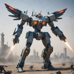 A heavily-armed mecha possessing a full arsenal including missiles, laser cannons, and energy blades, equipped with vast, aerodynamic wings, preparing for flight in a dystopian battlefield.