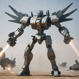 A heavily-armed mecha possessing a full arsenal including missiles, laser cannons, and energy blades, equipped with vast, aerodynamic wings, preparing for flight in a dystopian battlefield.