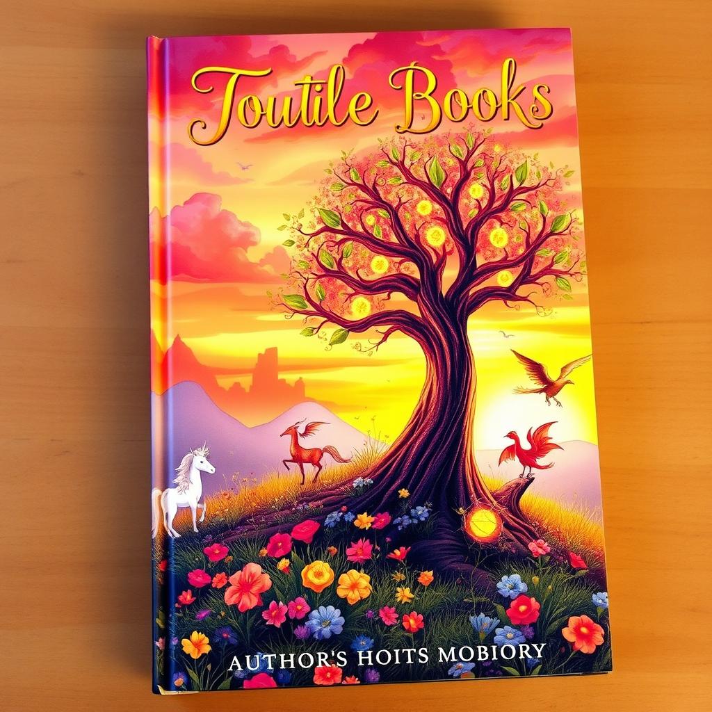 A beautifully illustrated book cover featuring a whimsical fantasy landscape with a vibrant sunset