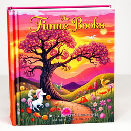 A beautifully illustrated book cover featuring a whimsical fantasy landscape with a vibrant sunset