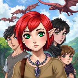 In the center, an elf girl with a bob haircut of bright red hair and striking green eyes, wearing a beautiful necklace featuring a purple gemstone