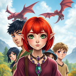 In the center, an elf girl with a bob haircut of bright red hair and striking green eyes, wearing a beautiful necklace featuring a purple gemstone