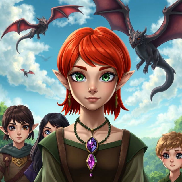 In the center, an elf girl with a bob haircut of bright red hair and striking green eyes, wearing a beautiful necklace featuring a purple gemstone