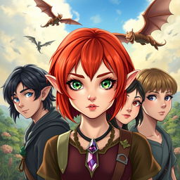 In the center, an elf girl with a bob haircut of bright red hair and striking green eyes, wearing a beautiful necklace featuring a purple gemstone