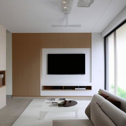 A 12x20 feet living room layout design, with a sleek TV unit on the shorter wall and cozy sofas lined up along the longer wall. The room displays an efficient use of space, maintaining a comfortable, modern appeal.