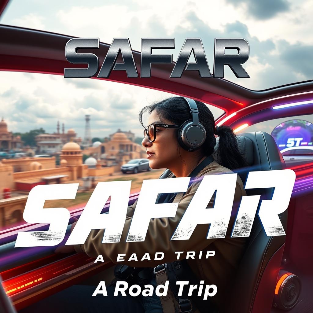 A cinematic sci-fi action scene featuring a 27-year-old Indian woman embarking on a thrilling road trip in a futuristic, sleek vehicle