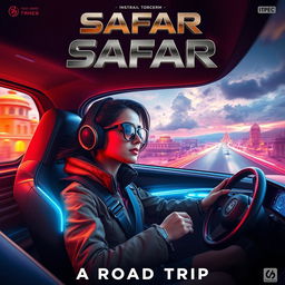 A cinematic sci-fi action scene featuring a 27-year-old Indian woman embarking on a thrilling road trip in a futuristic, sleek vehicle