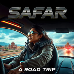 A cinematic sci-fi action scene featuring a 27-year-old Indian woman embarking on a thrilling road trip in a futuristic, sleek vehicle