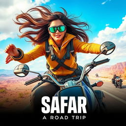 A 27-year-old Indian woman embarking on an exhilarating road trip, characterized by vibrant landscapes, futuristic vehicles, and high-energy action-packed sequences