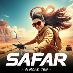 A 27-year-old Indian woman embarking on an exhilarating road trip, characterized by vibrant landscapes, futuristic vehicles, and high-energy action-packed sequences