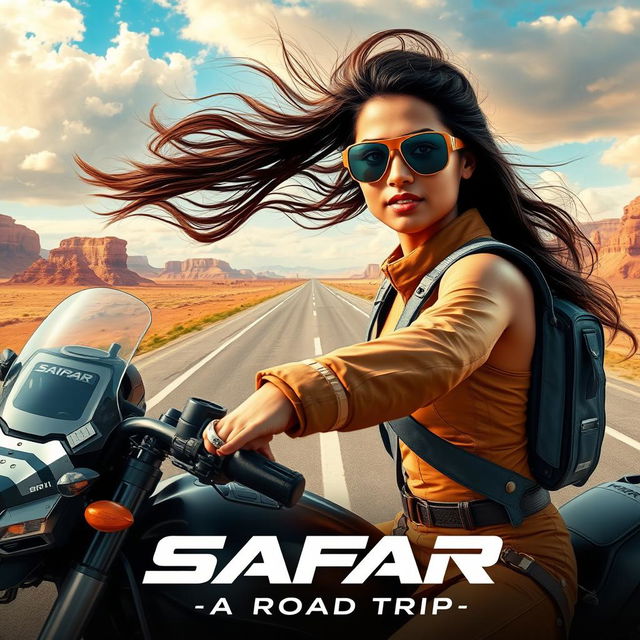 A 27-year-old Indian woman embarking on an exhilarating road trip, characterized by vibrant landscapes, futuristic vehicles, and high-energy action-packed sequences