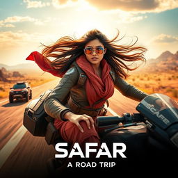 A 27-year-old Indian woman embarking on an exhilarating road trip, characterized by vibrant landscapes, futuristic vehicles, and high-energy action-packed sequences