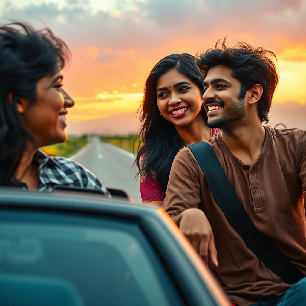 A cinematic scene from the romantic film "Safar", featuring a 27-year-old Indian woman with long black hair and wearing a colorful ethnic outfit, joyfully embarking on a road trip