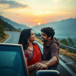 A cinematic scene from the romantic film "Safar", featuring a 27-year-old Indian woman with long black hair and wearing a colorful ethnic outfit, joyfully embarking on a road trip