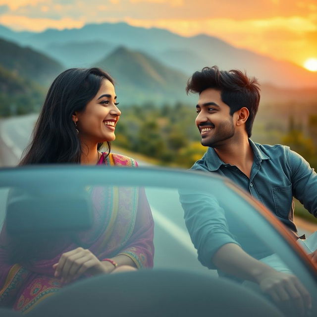 A cinematic scene from the romantic film "Safar", featuring a 27-year-old Indian woman with long black hair and wearing a colorful ethnic outfit, joyfully embarking on a road trip