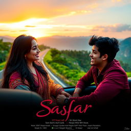 A cinematic scene from the romantic film "Safar", featuring a 27-year-old Indian woman with long black hair and wearing a colorful ethnic outfit, joyfully embarking on a road trip