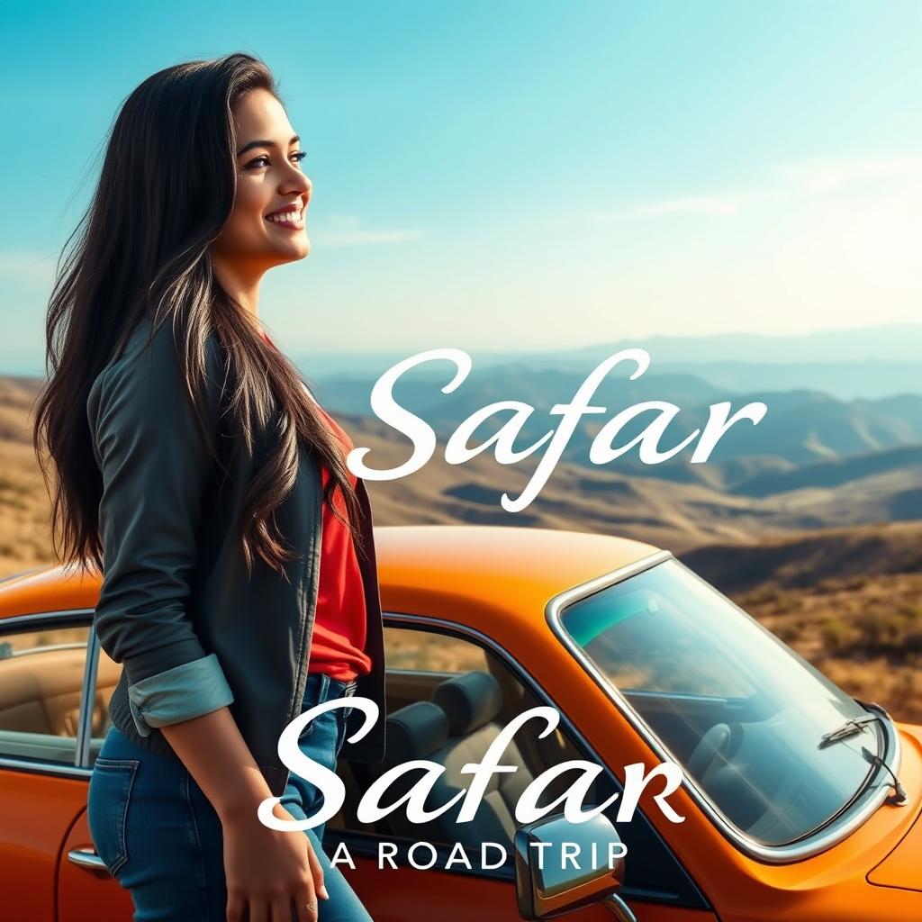 A cinematic promotional poster for the romantic film "Safar", featuring a 27-year-old Indian woman with beautiful long black hair, dressed in a stylish and relaxed outfit suitable for a road trip