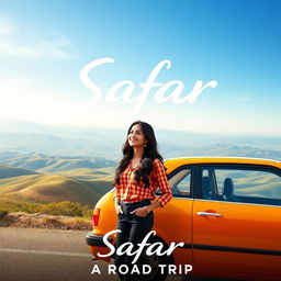 A cinematic promotional poster for the romantic film "Safar", featuring a 27-year-old Indian woman with beautiful long black hair, dressed in a stylish and relaxed outfit suitable for a road trip