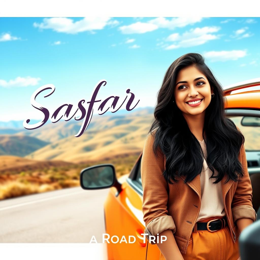 A cinematic promotional poster for the romantic film "Safar", featuring a 27-year-old Indian woman with beautiful long black hair, dressed in a stylish and relaxed outfit suitable for a road trip