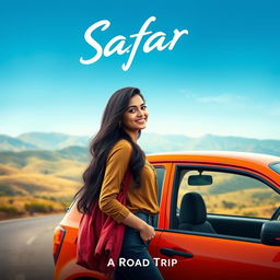 A cinematic promotional poster for the romantic film "Safar", featuring a 27-year-old Indian woman with beautiful long black hair, dressed in a stylish and relaxed outfit suitable for a road trip