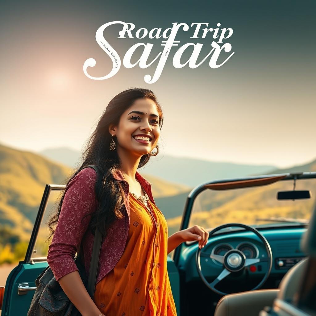 A cinematic scene for a romantic film titled 'Safar', featuring a 27-year-old Indian woman excitedly embarking on a road trip