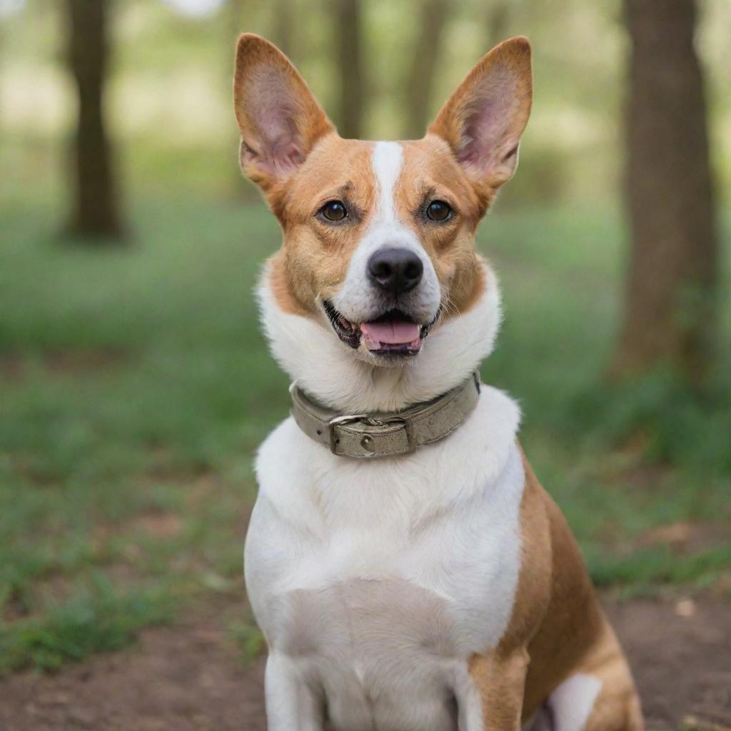 A charming dog wearing a stylish collar, posed in a natural setting.