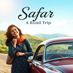 A cinematic scene for a romantic film titled 'Safar', featuring a 27-year-old Indian woman excitedly embarking on a road trip