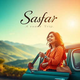 A cinematic scene for a romantic film titled 'Safar', featuring a 27-year-old Indian woman excitedly embarking on a road trip