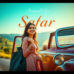 A cinematic scene for a romantic film titled 'Safar', featuring a 27-year-old Indian woman excitedly embarking on a road trip