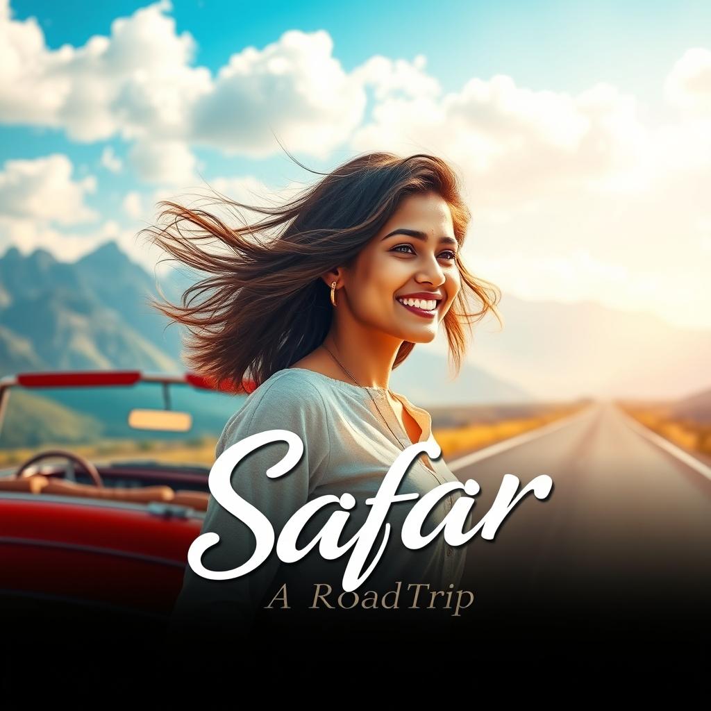 A cinematic scene for a romantic film titled 'Safar', showcasing a 27-year-old Indian woman embarking on a thrilling road trip