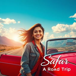 A cinematic scene for a romantic film titled 'Safar', showcasing a 27-year-old Indian woman embarking on a thrilling road trip