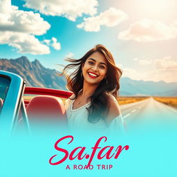 A cinematic scene for a romantic film titled 'Safar', showcasing a 27-year-old Indian woman embarking on a thrilling road trip