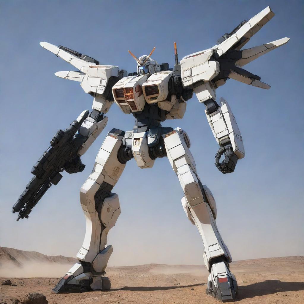 A formidable mecha armed front and back with a comprehensive array of weapons like missiles, railguns, and energy swords, augmented with large, mechanical wings, poised for combat amid a high-tech warzone.