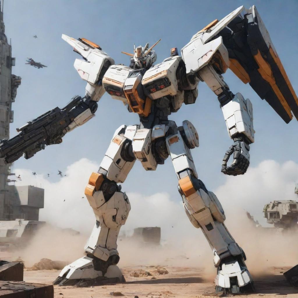 A formidable mecha armed front and back with a comprehensive array of weapons like missiles, railguns, and energy swords, augmented with large, mechanical wings, poised for combat amid a high-tech warzone.