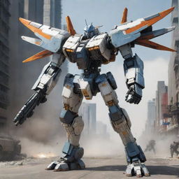 A formidable mecha armed front and back with a comprehensive array of weapons like missiles, railguns, and energy swords, augmented with large, mechanical wings, poised for combat amid a high-tech warzone.