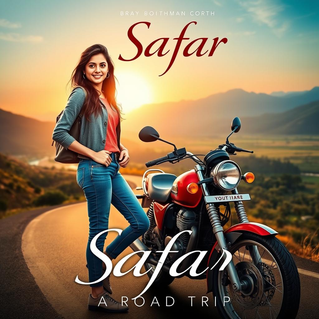 A romantic film poster titled 'Safar', featuring a confident 27-year-old Indian woman in casual travel gear standing beside her motorcycle on a picturesque winding road