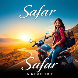 A romantic film poster titled 'Safar', featuring a confident 27-year-old Indian woman in casual travel gear standing beside her motorcycle on a picturesque winding road