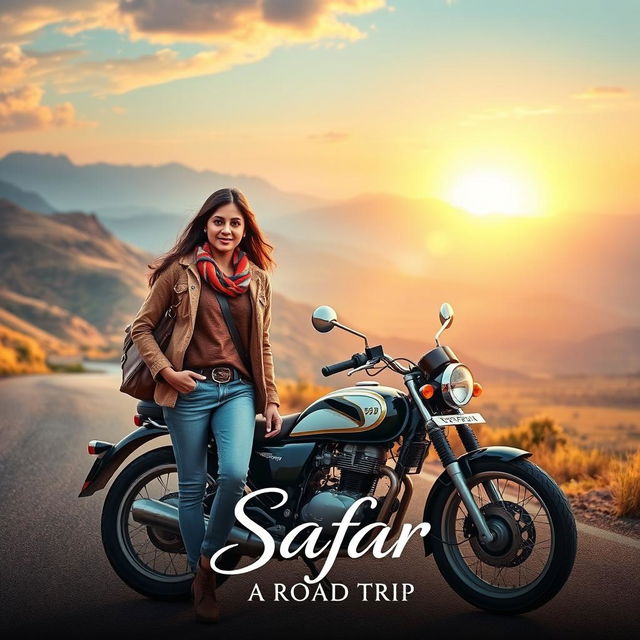 A romantic film poster titled 'Safar', featuring a confident 27-year-old Indian woman in casual travel gear standing beside her motorcycle on a picturesque winding road