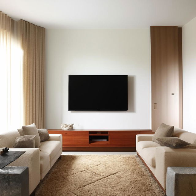 A 12x20 feet living room layout design, with a sleek TV unit on the shorter wall and cozy sofas lined up along the longer wall. The room displays an efficient use of space, maintaining a comfortable, modern appeal.