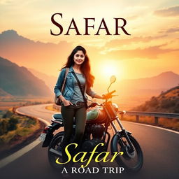 A romantic film poster titled 'Safar', featuring a confident 27-year-old Indian woman in casual travel gear standing beside her motorcycle on a picturesque winding road