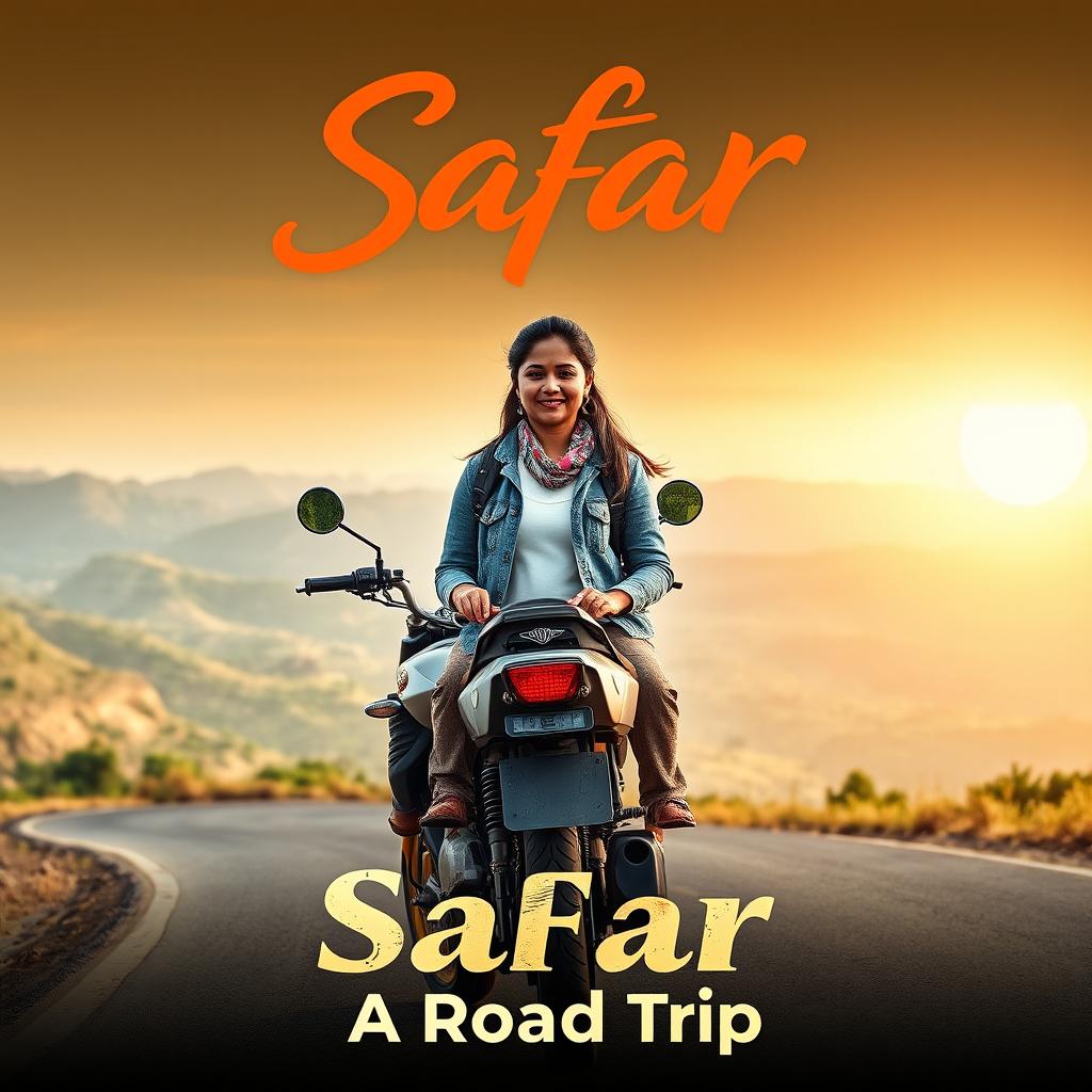 A romantic film poster titled 'Safar', featuring a confident 27-year-old Indian woman in casual travel gear standing beside her motorcycle on a winding road