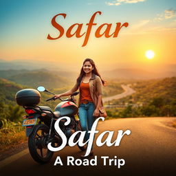 A romantic film poster titled 'Safar', featuring a confident 27-year-old Indian woman in casual travel gear standing beside her motorcycle on a winding road